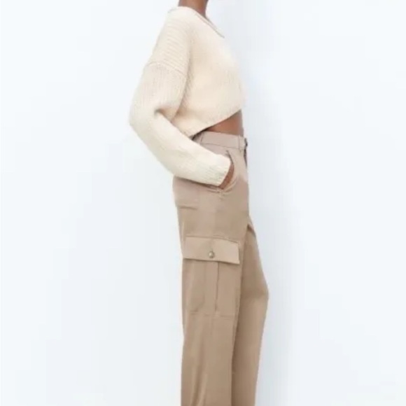 NWT Zara LARGE Satin Effect High Waisted Cargo Pants Sand Light Brown - Picture 5 of 15